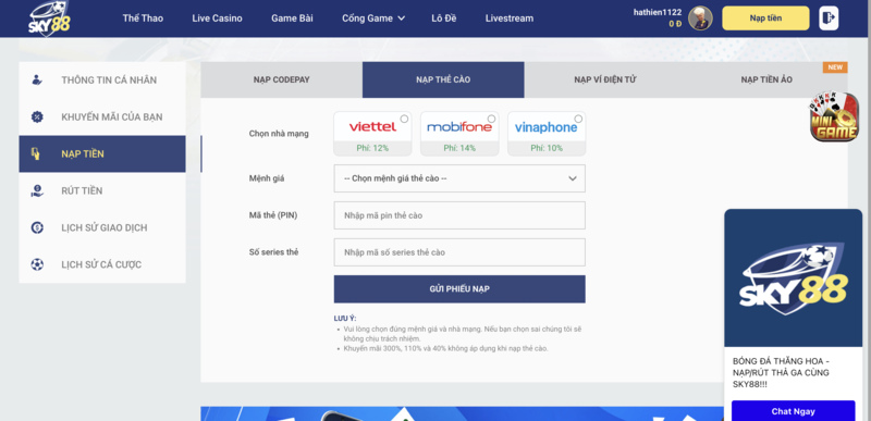 Nạp tiền Sky88 qua thẻ cào
